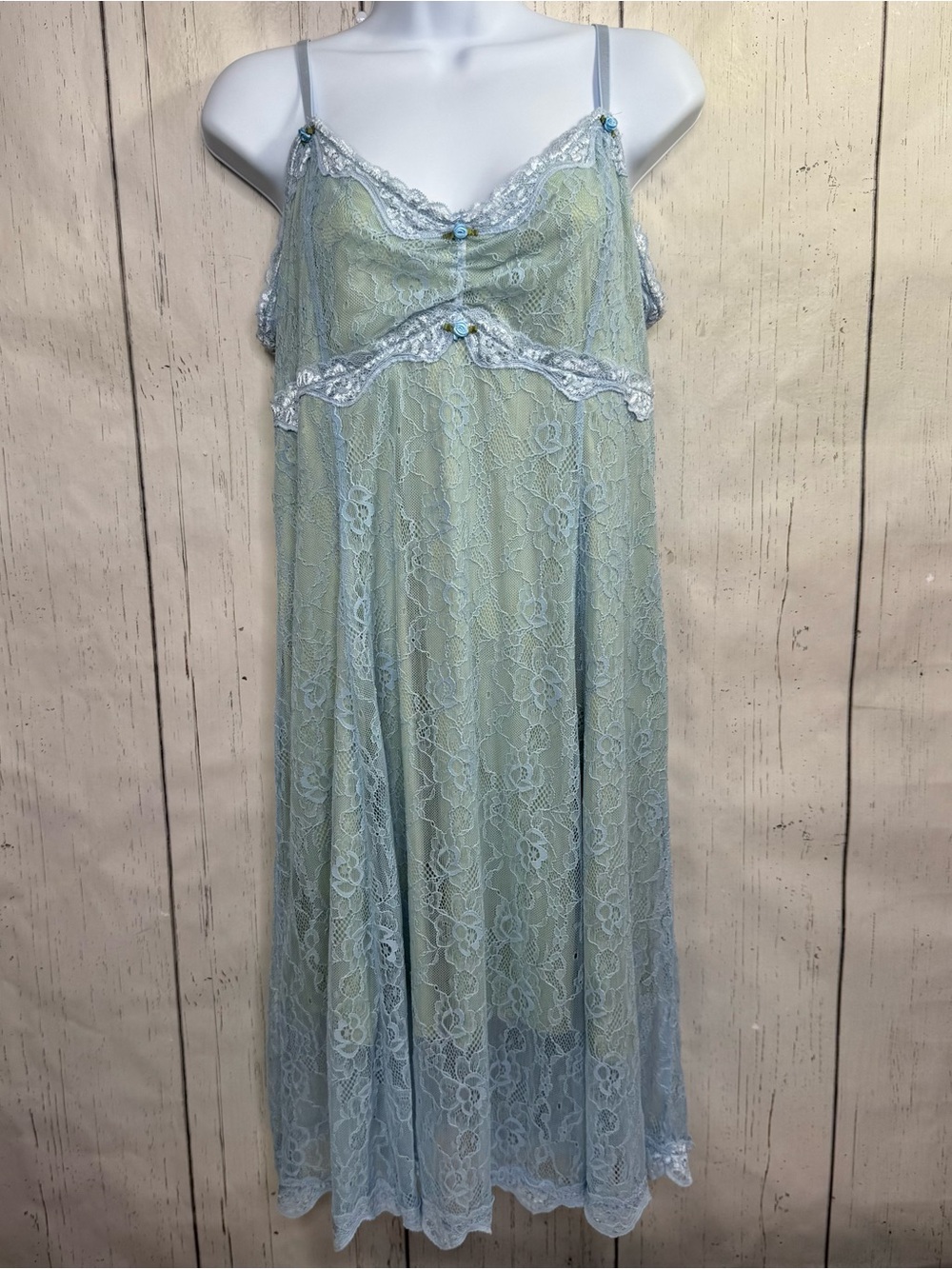 Thorn & Fable Y2K Fairycore Babydoll Lace Slip Dress Blue Green Size L Cottage